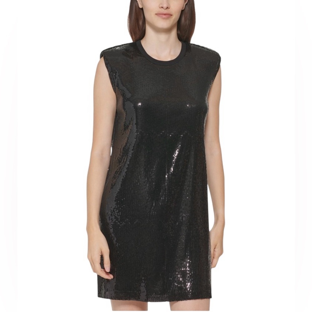 NWT CALVIN KLEIN SLEEVELESS SEQUINED BLACK SHIFT DRESS SIZE 4